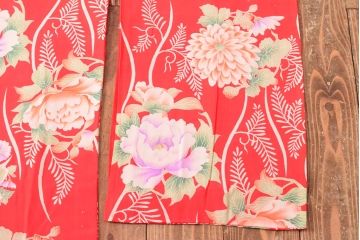大正〜昭和初期　総花柄縮緬着物(振袖、古布、赤縮、正絹)(R-052914)