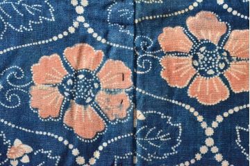 明治期　赤入り藍型染木綿古布(布団皮、藍染)(R-052915)