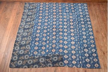 明治期　赤入り藍型染木綿古布(布団皮、藍染)(R-052916)