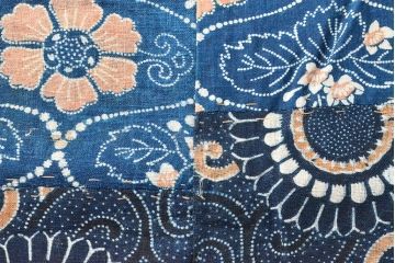 明治期　赤入り藍型染木綿古布(布団皮、藍染)(R-052916)