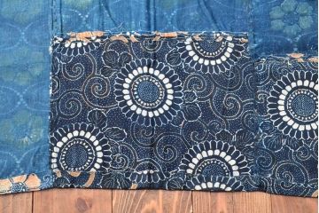 明治期　赤入り藍型染木綿古布(布団皮、藍染)(R-052916)