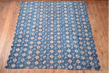 明治期　赤入り藍型染木綿古布(布団皮、藍染)(R-052918)