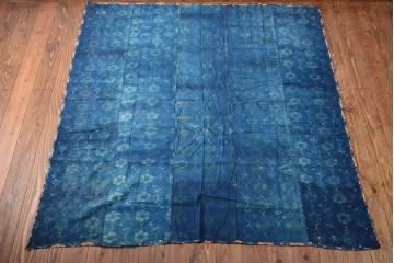 明治期　赤入り藍型染木綿古布(布団皮、藍染)(R-052918)