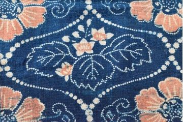 明治期　赤入り藍型染木綿古布(布団皮、藍染)(R-052919)