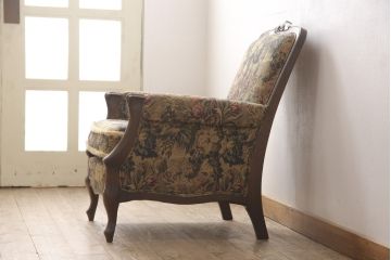 中古　美品　maruni(マルニ木工)　落ち着いた色合いのボタニカル柄が上品な1人掛けソファ(一人掛けソファ、アームチェア)(R-052927)