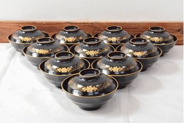 大正〜昭和初期　黒漆金蒔絵　木製椀10客(お椀、漆器)(R-052945)