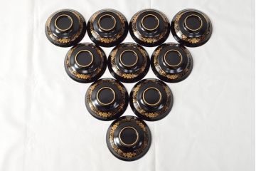 大正〜昭和初期　黒漆金蒔絵　木製椀10客(お椀、漆器)(R-052945)