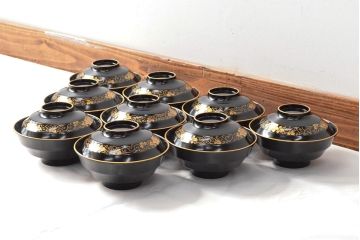 大正〜昭和初期　黒漆金蒔絵　木製椀9客(お椀、漆器)(R-052946)