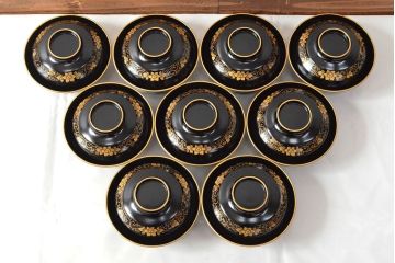 大正〜昭和初期　黒漆金蒔絵　木製椀9客(お椀、漆器)(R-052946)