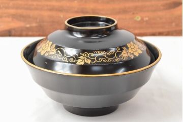 大正〜昭和初期　黒漆金蒔絵　木製椀9客(お椀、漆器)(R-052946)