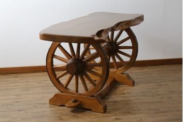 和製ビンテージ　珍品!　古い大八車の車輪を大胆に使ったリメイクテーブル(コンソールテーブル、作業台、ヴィンテージ)(R-052947)