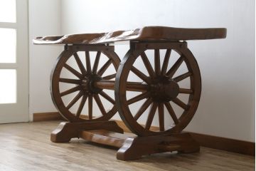 和製ビンテージ　珍品!　古い大八車の車輪を大胆に使ったリメイクテーブル(コンソールテーブル、作業台、ヴィンテージ)(R-052947)