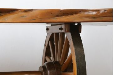 和製ビンテージ　珍品!　古い大八車の車輪を大胆に使ったリメイクテーブル(コンソールテーブル、作業台、ヴィンテージ)(R-052947)