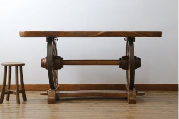 和製ビンテージ　珍品!　古い大八車の車輪を大胆に使ったリメイクテーブル(コンソールテーブル、作業台、ヴィンテージ)(R-052947)