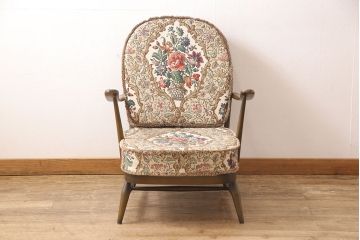 中古　美品　ERCOL(アーコール)　花柄のファブリックがお洒落な1人掛けソファ(ラウンジチェア、アームチェア、椅子、1シーターソファ)(R-052955)