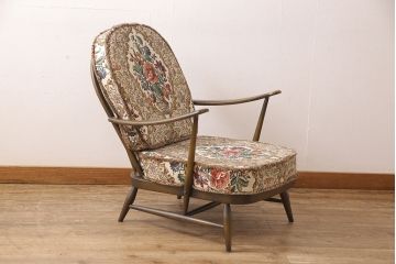 中古　美品　ERCOL(アーコール)　花柄のファブリックがお洒落な1人掛けソファ(ラウンジチェア、アームチェア、椅子、1シーターソファ)(R-052955)