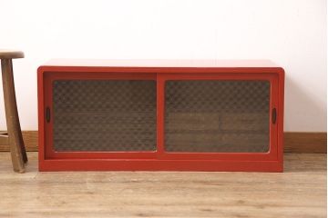 和製アンティーク　レーザー組子入り　お部屋のアクセントになる朱塗りのテレビ台(テレビボード、ローボード、収納棚)(R-052994)