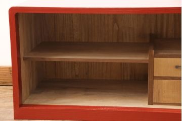 和製アンティーク　レーザー組子入り　お部屋のアクセントになる朱塗りのテレビ台(テレビボード、ローボード、収納棚)(R-052994)