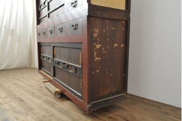和製アンティーク　和モダンなお部屋にぴったりのツートンカラーが目を引く重ね水屋箪笥(収納棚、戸棚、食器棚、キャビネット)(R-053023)