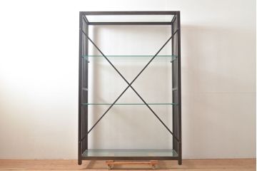 中古　ガラス棚とアイアンの組み合わせがクールでかっこいいアイアンラック(飾り棚、シェルフ、オープンラック、収納棚)(R-053052)