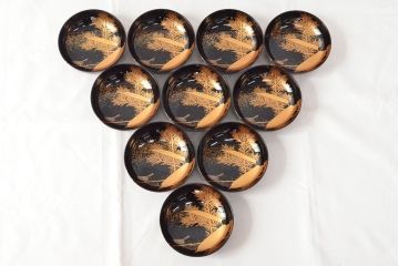 明治〜大正　輪島塗　金蒔絵の見事な木製椀10客(漆器、お椀)(R-053060)