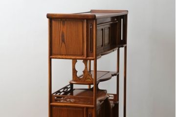 中古　美品　総ケヤキ材　玉杢　漆塗り　品のある佇まいが美しい指物飾り棚(茶棚、収納棚)(定価約140万円)(R-053144)