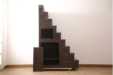 和製アンティーク　ヒノキ材製　多彩な収納が付いた2段重ね階段箪笥(時代箪笥、和タンス)(R-053157)