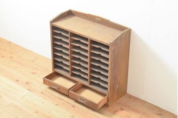 和製アンティーク　三方ナラ材　レトロな雰囲気が魅力的な書類ケース(小引き出し、小物収納、収納棚)(R-053259)