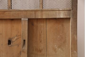 アンティーク建具　明治期　ヒノキ材　亀甲金網付き　経年を感じる風合いが魅力!貫禄を感じる蔵戸(きつね格子、狐格子、玄関戸、玄関ドア、引き戸、格子戸、マス目、升目)(R-053269)