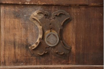 アンティーク建具　明治期　ヒノキ材　亀甲金網付き　経年を感じる風合いが魅力!貫禄を感じる蔵戸(きつね格子、狐格子、玄関戸、玄関ドア、引き戸、格子戸、マス目、升目)(R-053269)