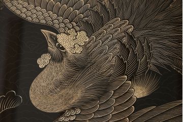中古　輪島塗　ガラス天板付き　天板前面に描かれた鳳凰のデザインが美しい座卓(ローテーブル、センターテーブル)(R-053278)