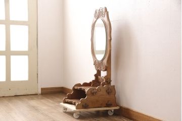 和製ビンテージ　希少　アイヌ彫り　繊細な彫りの意匠が目を引く鏡台(ミラー、ヴィンテージ)(R-053348)