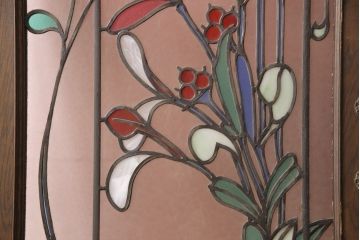 和製ビンテージ　永田洋家具店　永田良介商店　絵画を飾ったようなおしゃれな空間を演出するステンドグラス入り木製ドア(扉、建具、ヴィンテージ)(R-053401)