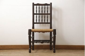 中古　松本民芸家具　38型　落ち着きのある色味とラッシのコントラストがおしゃれなスピンドルチェア(定価14万円)(ダイニングチェア、椅子)(R-053412)