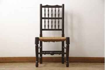中古　松本民芸家具　38型　落ち着きのある色味とラッシのコントラストがおしゃれなスピンドルチェア(定価14万円)(ダイニングチェア、椅子)(R-053413)