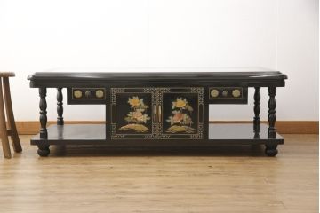 ビンテージ家具　高級品!美しい螺鈿(らでん)と石細工の絵が見事な両面使いローテーブル(センターテーブル、座卓、ヴィンテージ)(R-053432)