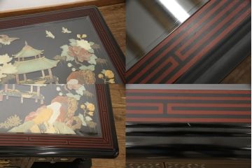 ビンテージ家具　高級品!美しい螺鈿(らでん)と石細工の絵が見事な両面使いローテーブル(センターテーブル、座卓、ヴィンテージ)(R-053432)