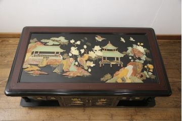 ビンテージ家具　高級品!美しい螺鈿(らでん)と石細工の絵が見事な両面使いローテーブル(センターテーブル、座卓、ヴィンテージ)(R-053432)