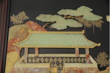 ビンテージ家具　高級品!美しい螺鈿(らでん)と石細工の絵が見事な両面使いローテーブル(センターテーブル、座卓、ヴィンテージ)(R-053432)