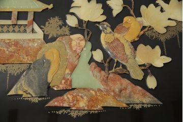 ビンテージ家具　高級品!美しい螺鈿(らでん)と石細工の絵が見事な両面使いローテーブル(センターテーブル、座卓、ヴィンテージ)(R-053432)