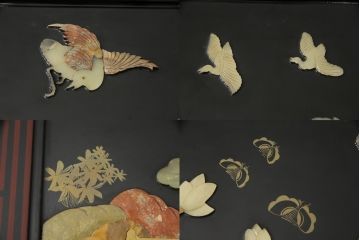 ビンテージ家具　高級品!美しい螺鈿(らでん)と石細工の絵が見事な両面使いローテーブル(センターテーブル、座卓、ヴィンテージ)(R-053432)