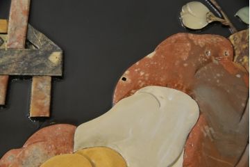 ビンテージ家具　高級品!美しい螺鈿(らでん)と石細工の絵が見事な両面使いローテーブル(センターテーブル、座卓、ヴィンテージ)(R-053432)