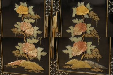 ビンテージ家具　高級品!美しい螺鈿(らでん)と石細工の絵が見事な両面使いローテーブル(センターテーブル、座卓、ヴィンテージ)(R-053432)