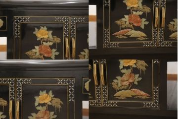 ビンテージ家具　高級品!美しい螺鈿(らでん)と石細工の絵が見事な両面使いローテーブル(センターテーブル、座卓、ヴィンテージ)(R-053432)