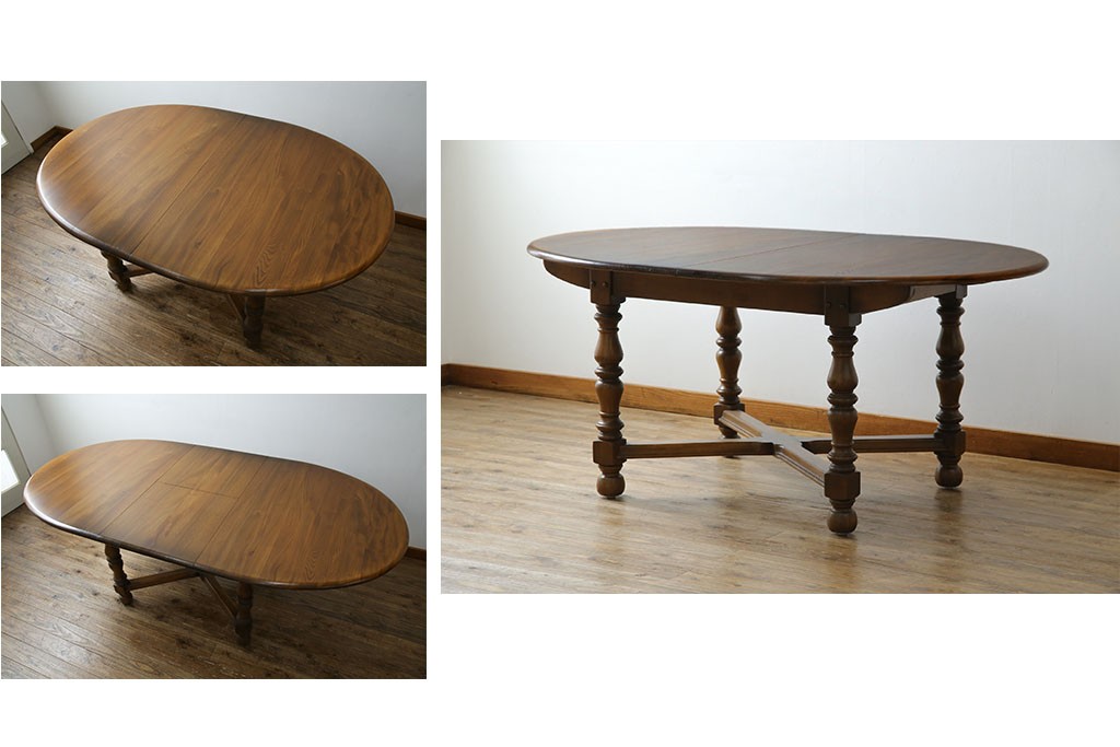 イギリスビンテージ　美品　ERCOL(アーコール)　ニレ材　クラシカルな雰囲気漂うドローリーフテーブル　(R-053490)