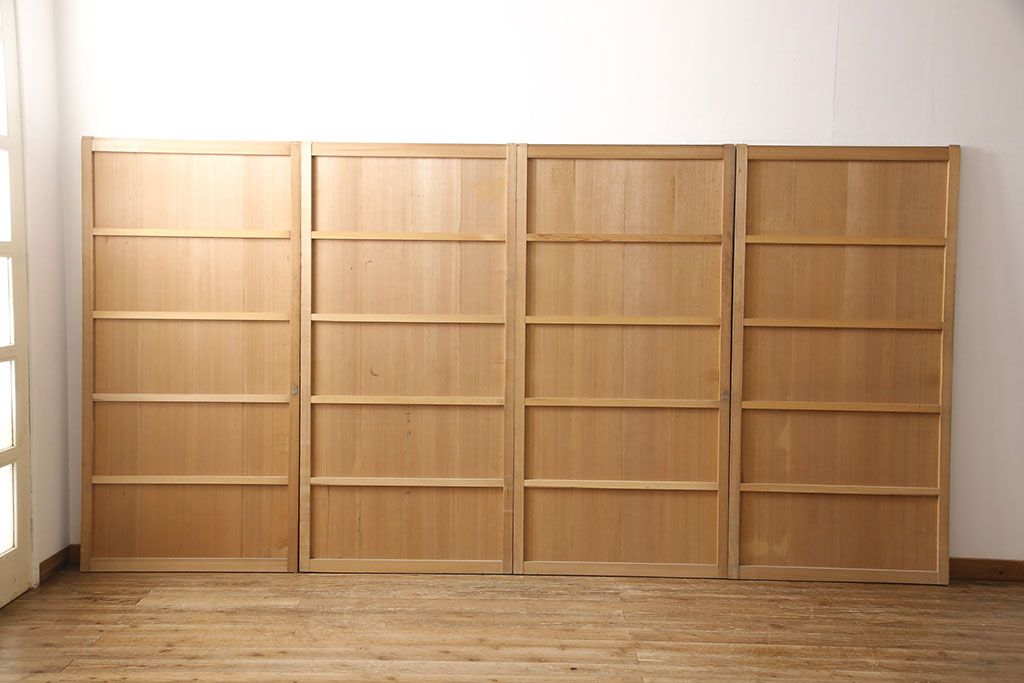 和製アンティーク　柾目が美しく上品な板戸4枚セット(帯戸、引き戸、建具)(R-053499)