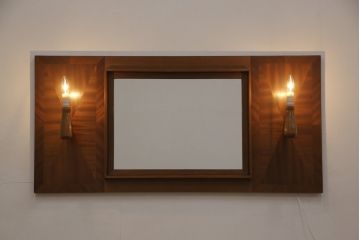 北欧ビンテージ　チーク材　パーケットがお洒落な照明付きウォールミラー(壁掛け、鏡、ヴィンテージ)(R-053501)