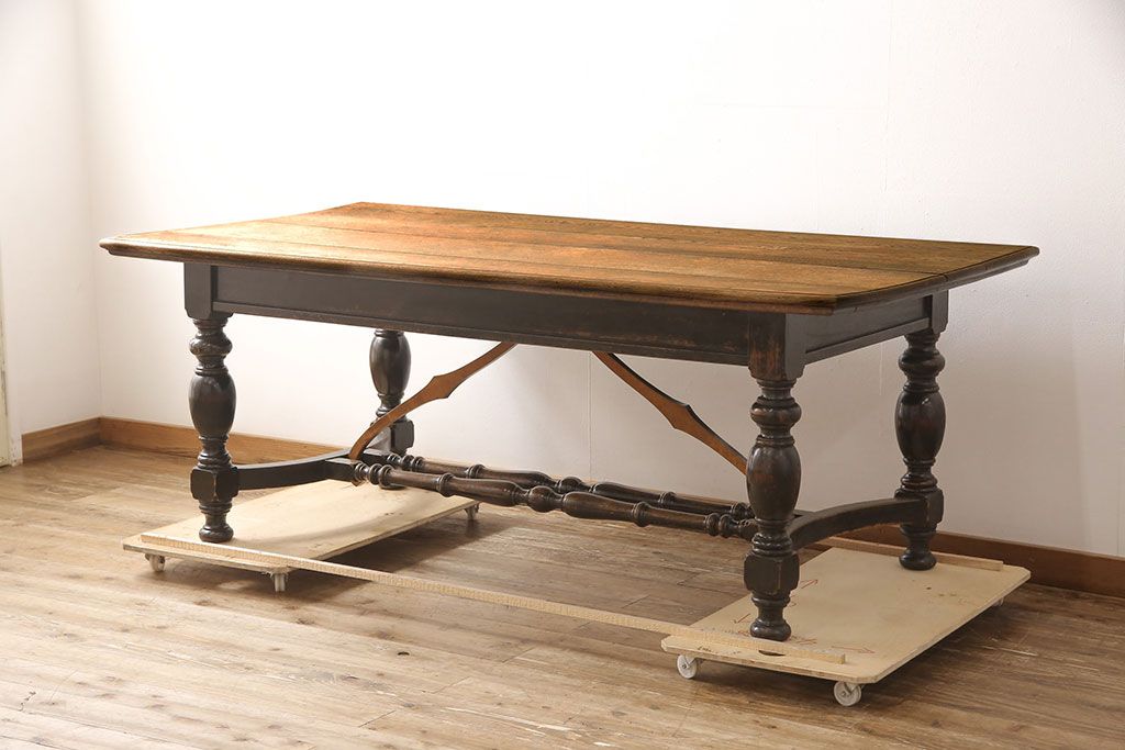 和製アンティーク 希少! 大正ロマン ナラ材 希少なデザインが魅力的なダイニングテーブル(作業台、食卓)(R-053514)