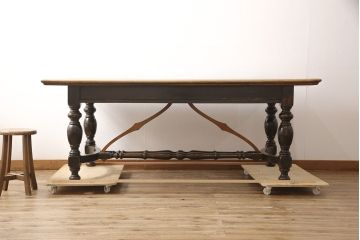 和製アンティーク 希少! 大正ロマン ナラ材 希少なデザインが魅力的なダイニングテーブル(作業台、食卓)(R-053514)