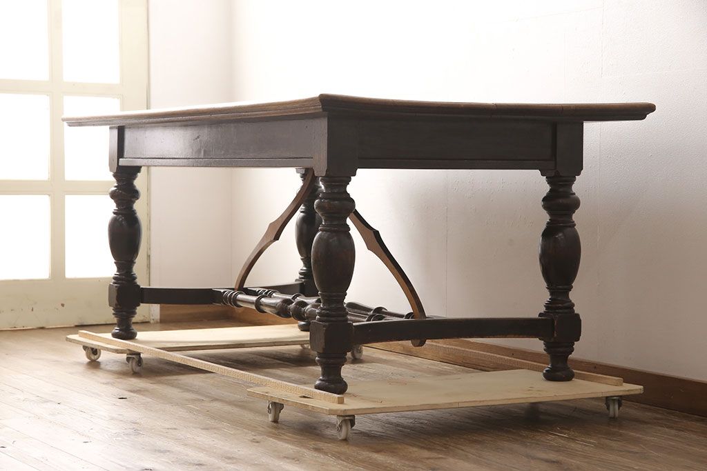 和製アンティーク 希少! 大正ロマン ナラ材 希少なデザインが魅力的なダイニングテーブル(作業台、食卓)(R-053514)